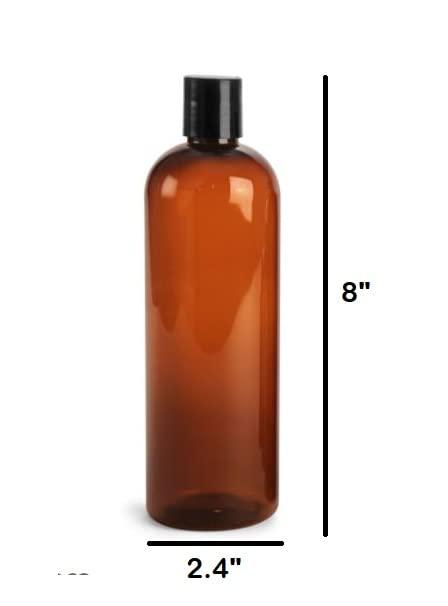 Generic 6 Pack 16 oz (475 ml) Slim Plastic PET Bottles with 3 Black Lotion Pump Dispensers and 3 Black Disc Caps and 6 Waterproof 2.5\" Square Labels | Made in USA | Mountainleaf (Amber Bottle with Label)