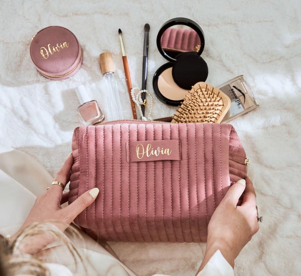 LalatiFy LalatiFy Custom Cosmetic Bag Personalized Makeup Bag with Logo/Photo/Labeled Design,Velvet Quilted Travel Toiletry Pouch Accessories Brushes Girls Women Gift for Wedding Birthday,Big Pink/Blue