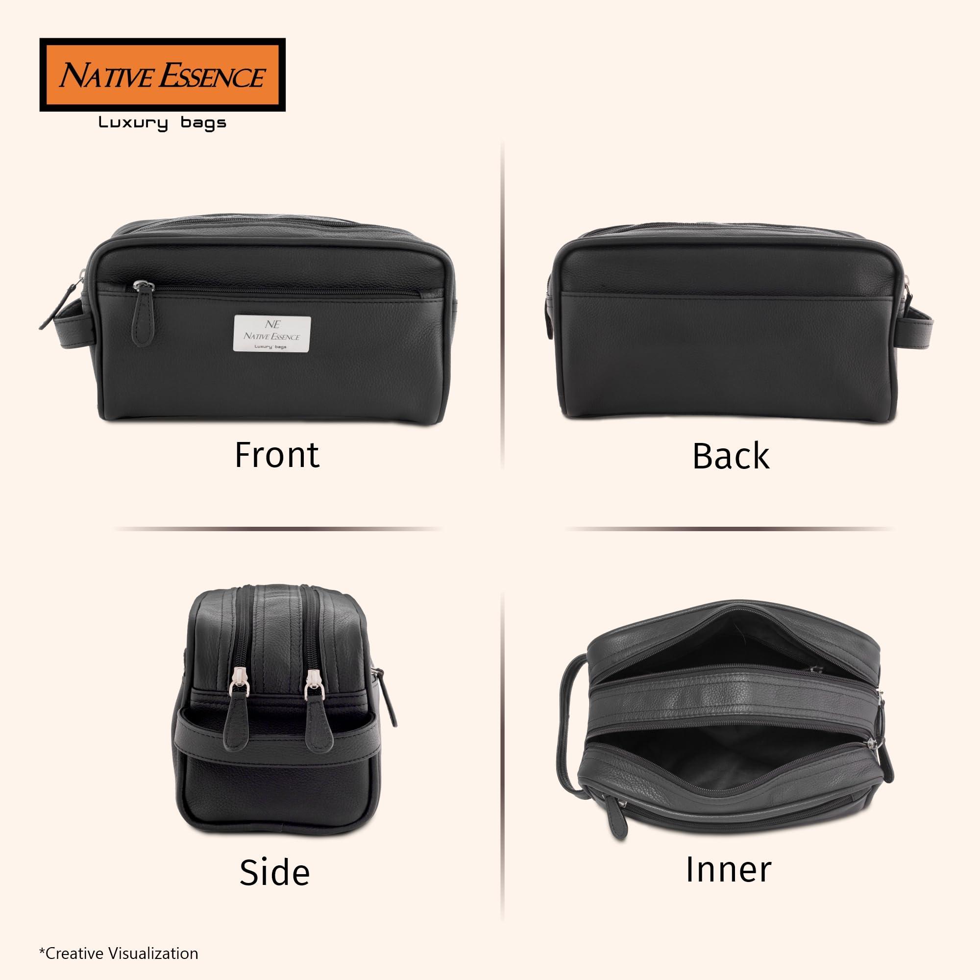 NATIVE ESSENCE Leather Toiletry Bag, Black Genuine Calf Leather Travel Bag, Handmade DOPP Kit for Travel, Cosmetic Pouch, Luxury Shaving Bag, Bathroom Organizer, Stylish Grooming Kit for Men and Women Gift Packed