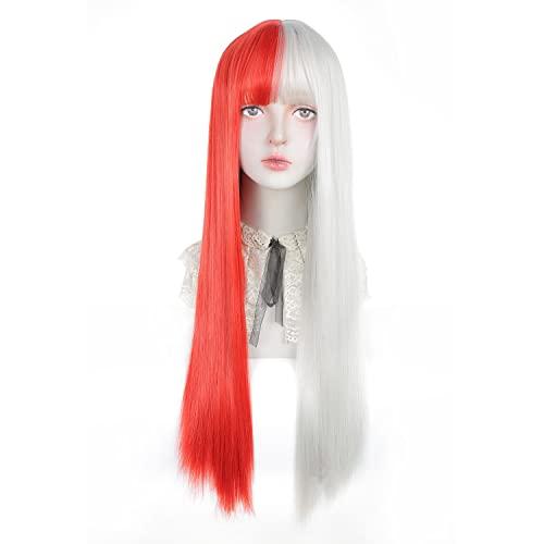 Styler Styler Half White Half Red Wig with Bangs, Long Straight Anime Cosplay Wig for Women, Heat Resistant Synthetic Halloween Hair Wigs