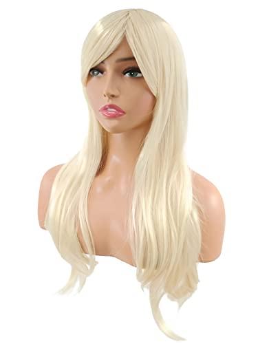 PORT&LOTUS PORT&LOTUS Blonde Wig Long Curly Cosplay Wig With Bangs (Side Part) Wigs for Women Synthetic Body Wave Wigs for White Women with Wig Cap Custume Party Wigs for Black Women 26 inch