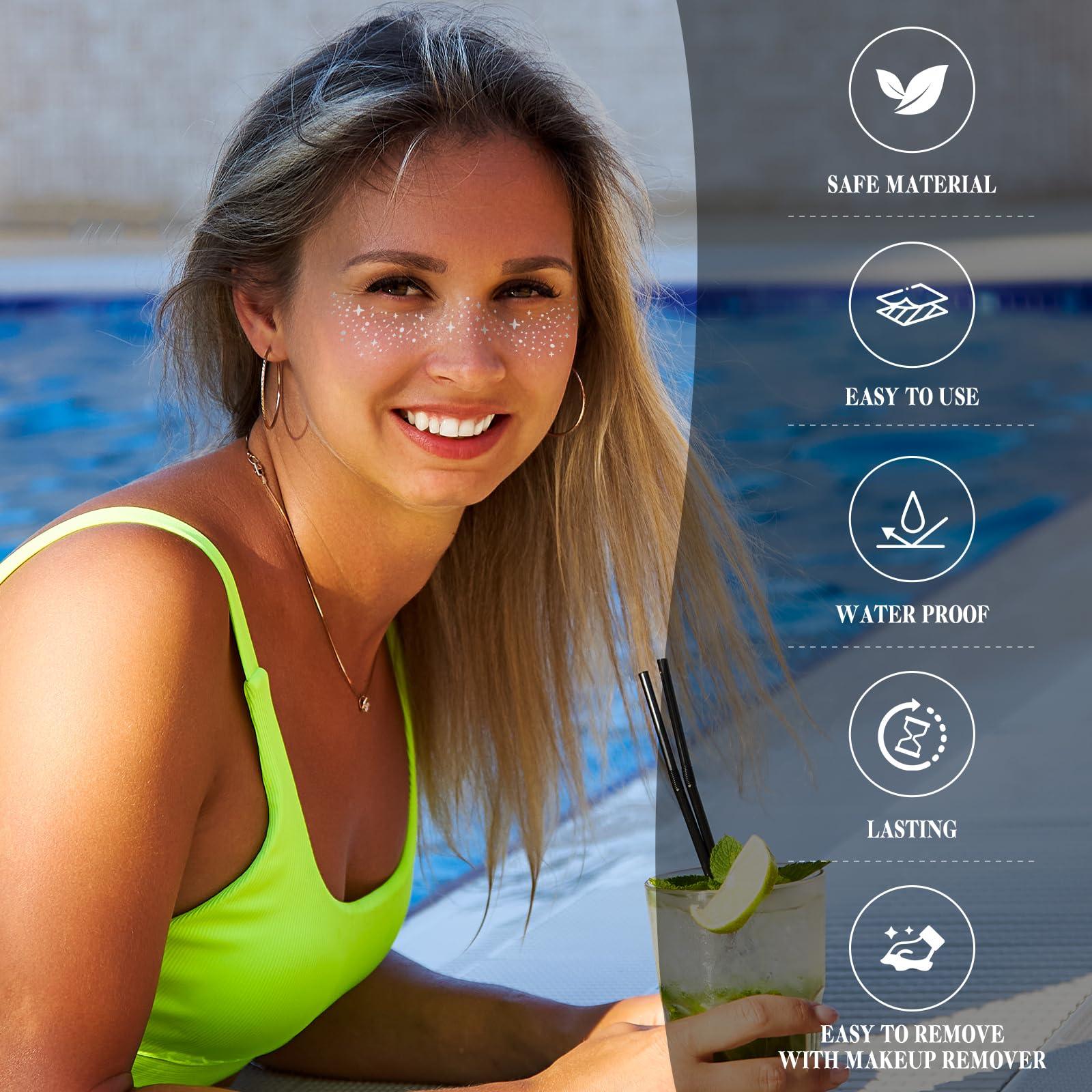 BLAAROOM Glitter Freckles Face Tattoo 6 Sheets Face Makeup Patches Gold & Silver Star Fake Freckles Cute Temporary Makeup Accessories for Women Girls Party - Set2