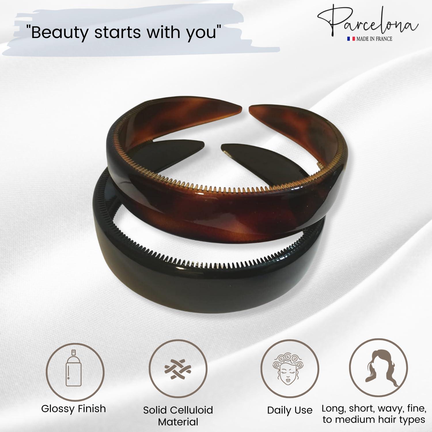 Parcelona Parcelona French (Set of 2) Wide 1 Inch Tortoise Shell Brown and Black Hair Headbands with Inner Teeth Nibs
