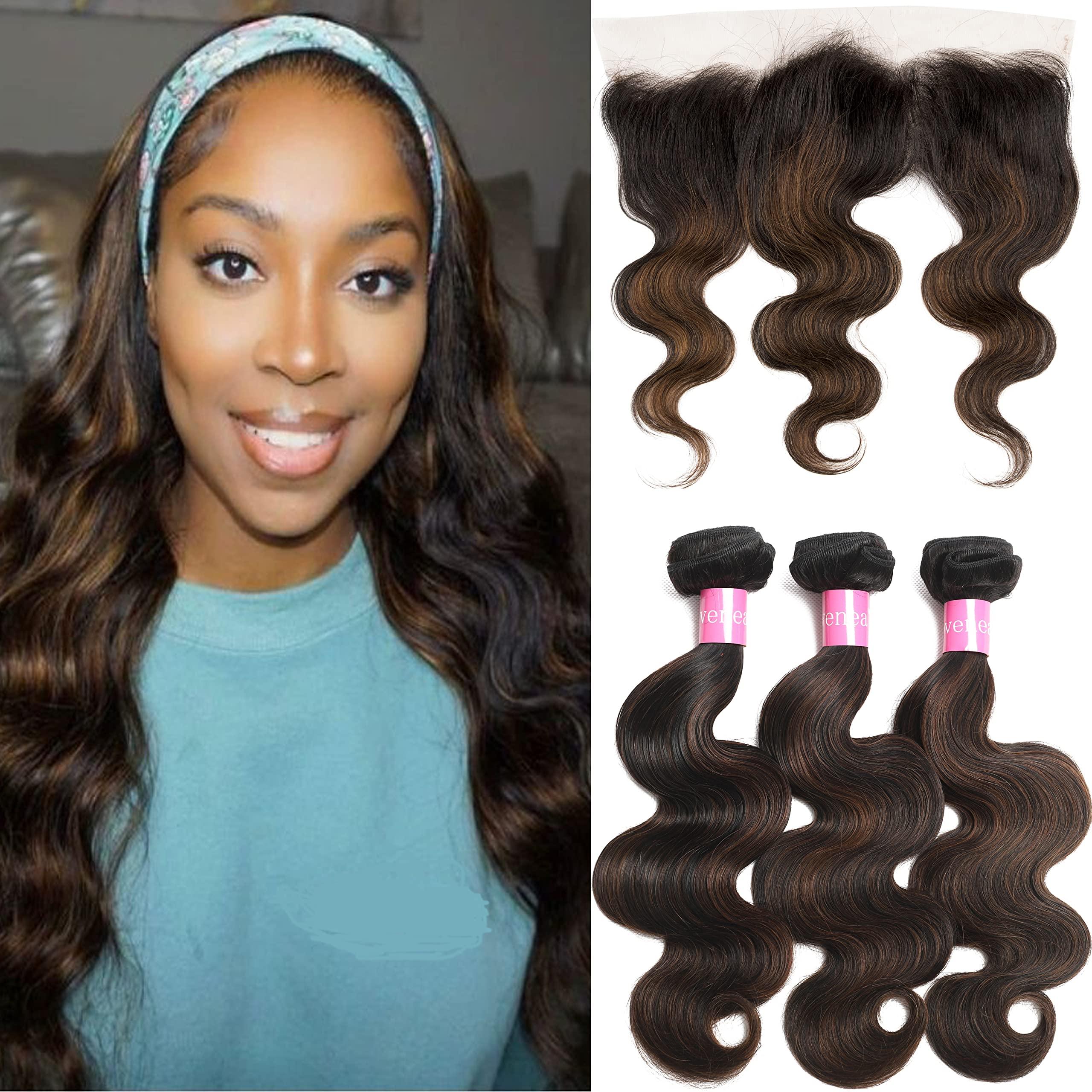 Lovenea Lovenea Body Wave Bundles with Frontal Human Hair (14 16 18+12) 13x4 Lace Frontal Closure with 3 Bundles Brazilian Body Wave Human Hair Weave Extensions FB30 Color (14 16 18+12)