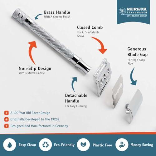 MERKUR MERKUR 5005 Travel Shaving Set featuring MERKUR 23C Three-piece Safety Razor with Long Handle & Bright Chrome Finish, 10 Double Edge Blades & Black Leather Case | Made In Germany