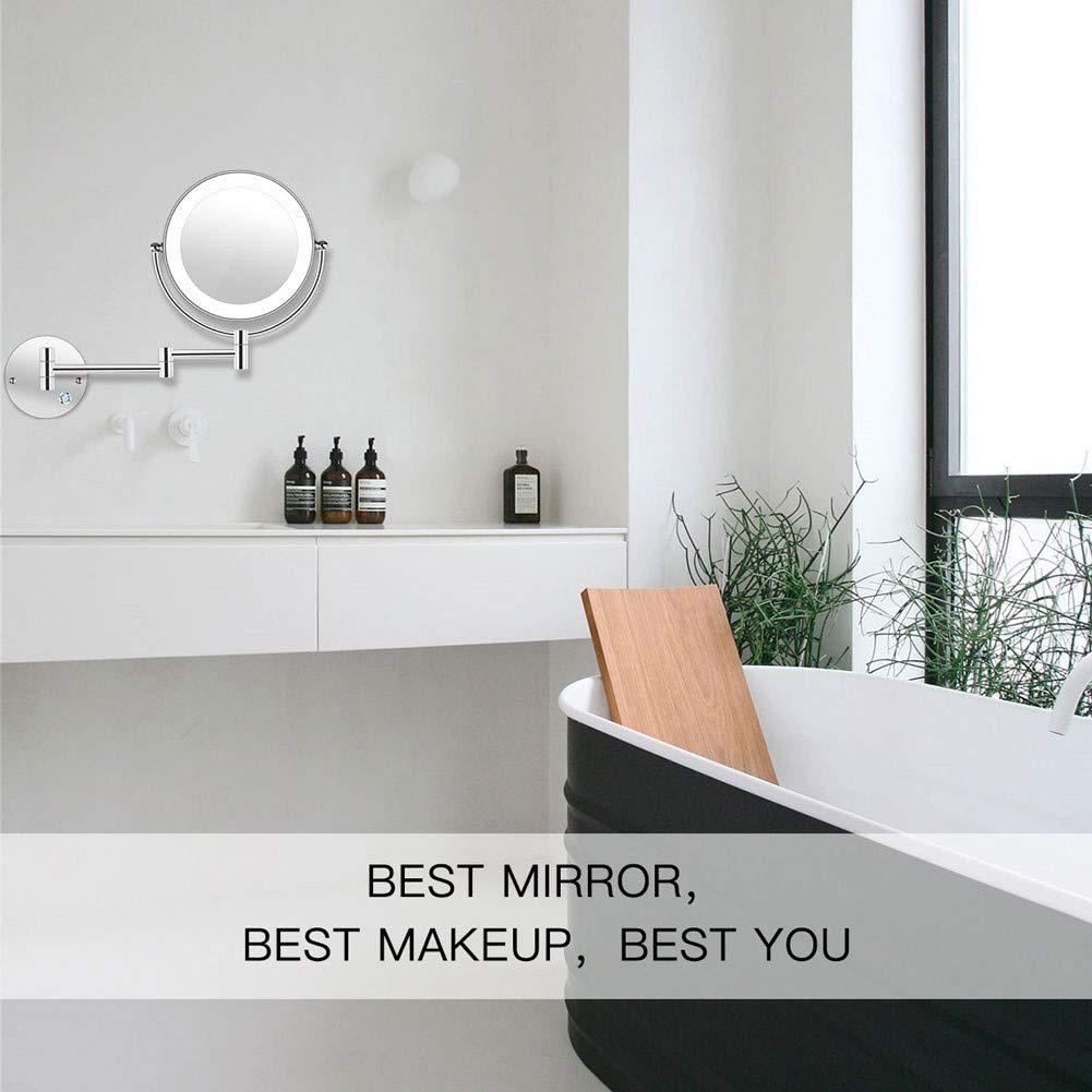 SEnyah SEnyah Wall Mounted Shaving Mirror 10X Magnification Double Sided Folding LED Bathroom Mirror Retractable 360Swivel Illuminated Makeup Mirror, Concealed Install, 8.5 Inches