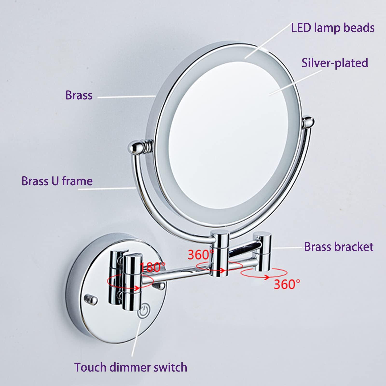 SLMASEHZX Makeup Mirror with Touch Switch LED Lights and 10x Magnification 8 Inch Double Sided Wall Mounted Bathroom Vanity Mirror with 360 Swivel Extendable Arm Nickel Hardwired (Color : Brass Size : H ( Colo