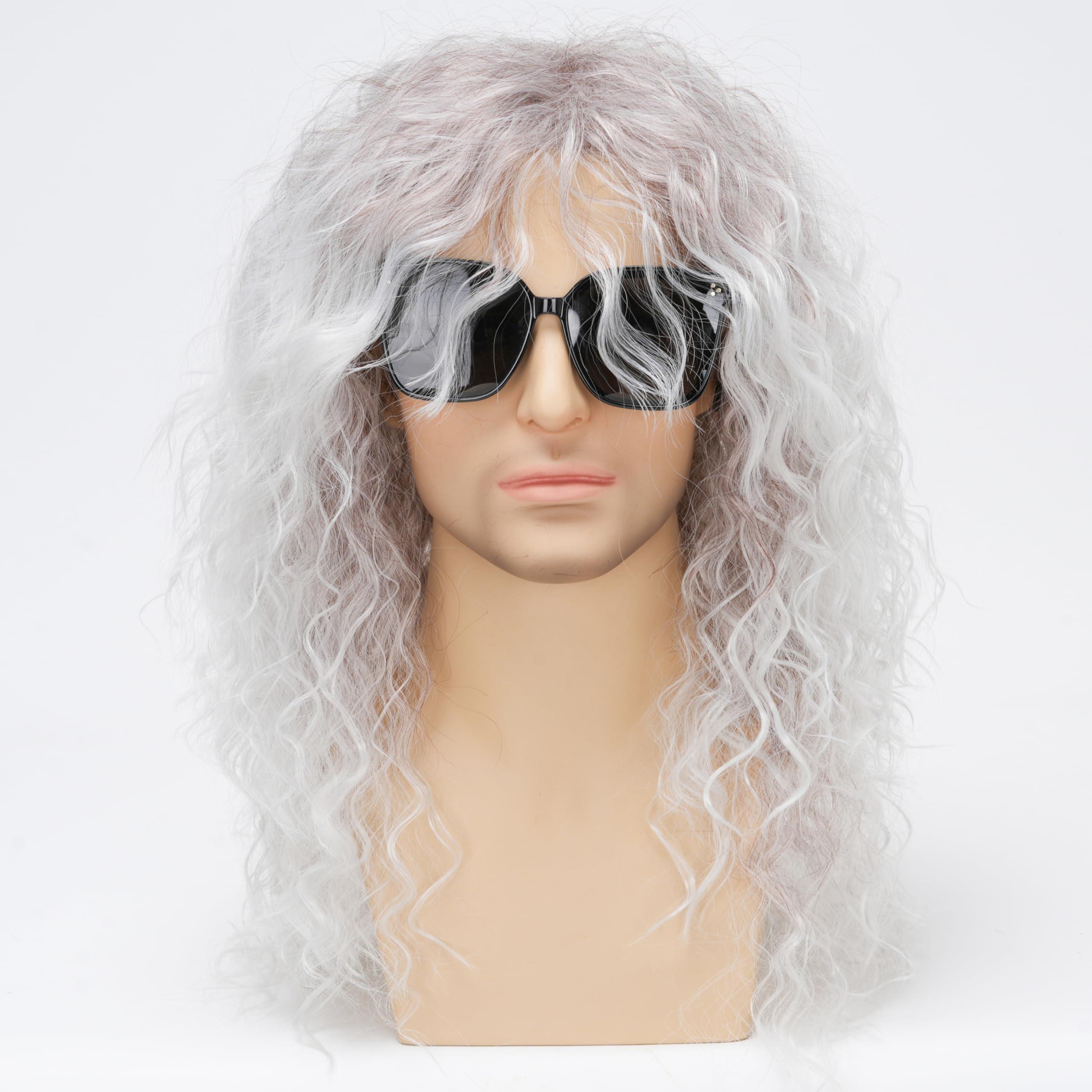 Sabosi Mens 80s Style Wigs Long Curly Silver Gradient Brown Mullet Party Wig Glam Rock-Rocker Wig for Halloween, Cosplay Costume Party