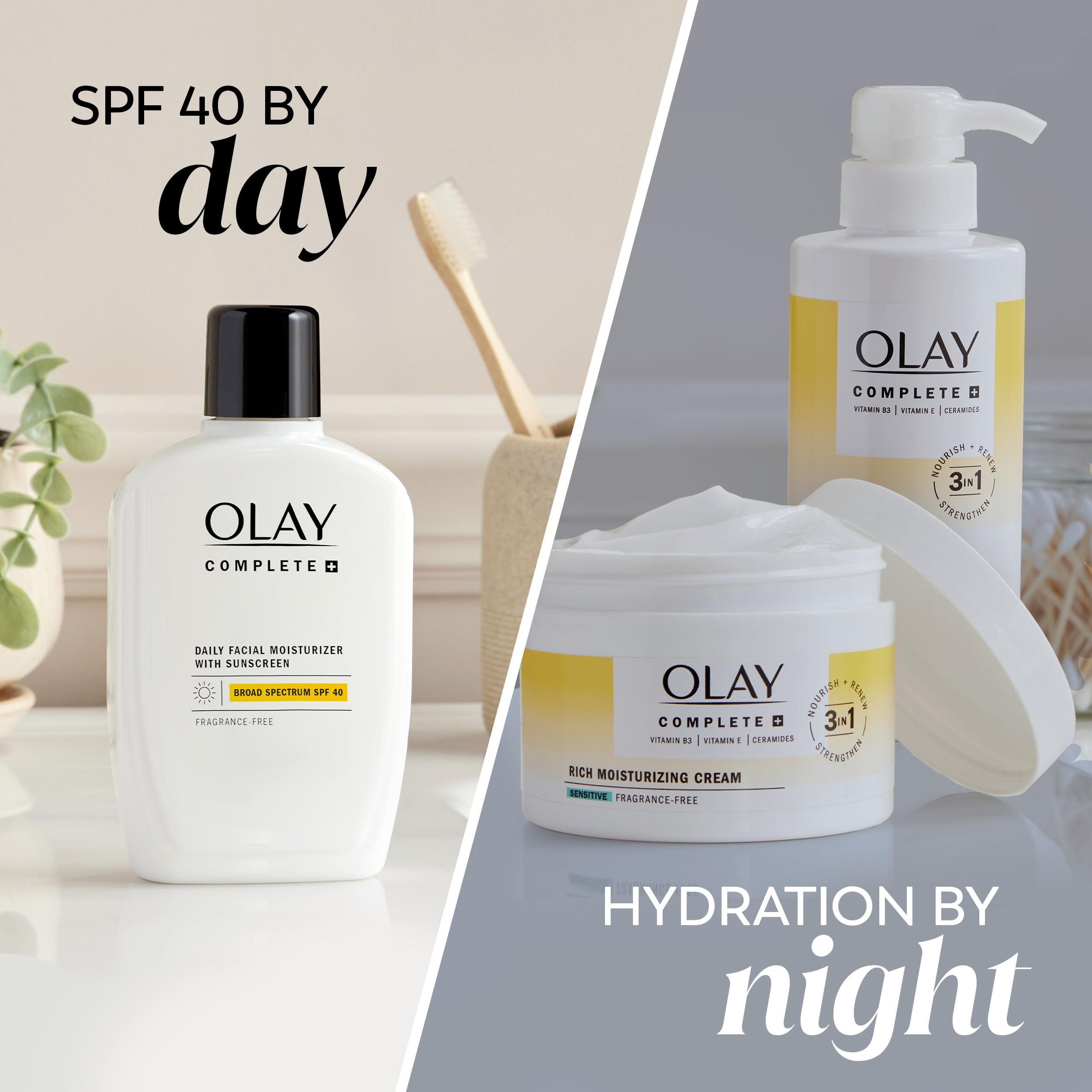 Olay Olay Complete+ Face Moisturizer with Sunscreen SPF 40, For Sensitive Skin, Broad Spectrum Sun Protection, Fragrence-Free - No White Cast on All Tones, Nourishes Moisture Barrier - Ceramides, 6 Oz