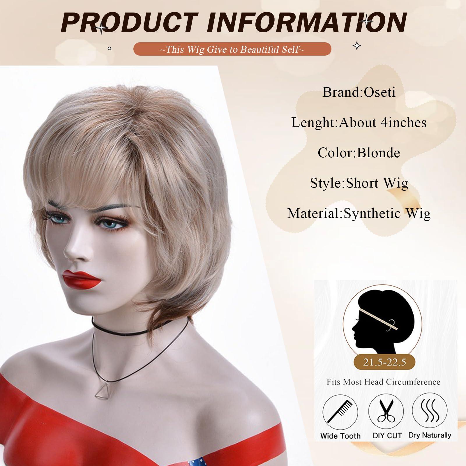 Oseti Oseti Short Blonde Wigs for White Women Layered Mixed Blonde Pixie Cut Wigs Natural Wavy Real Hair Synthetic Wig with Bangs for Ladies Daily