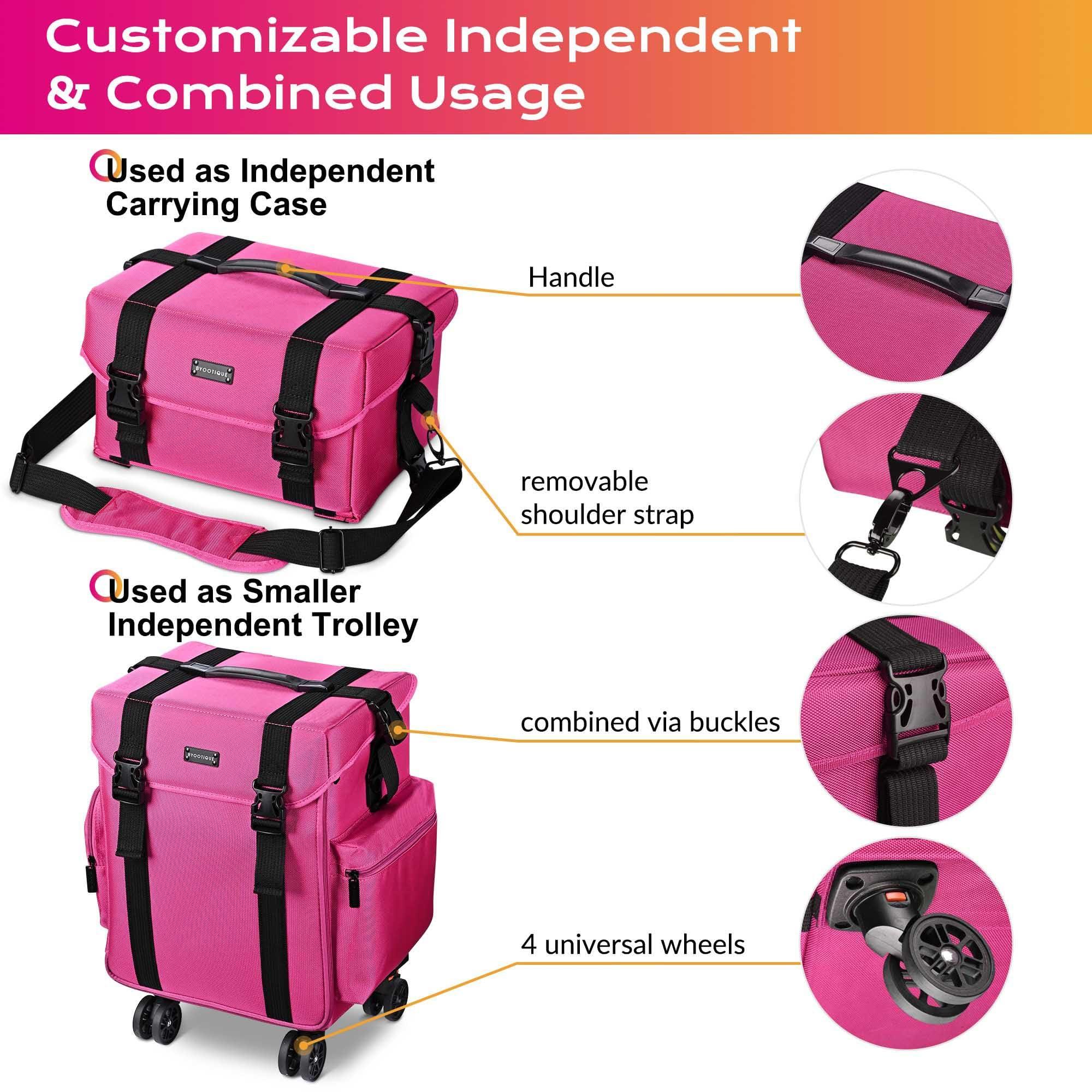 BYOOTIQUE BYOOTIQUE 2 in1 Soft Sided Rolling Makeup Case Unseasonable Bright Cosmetic Train Case with Wheels and Removable Organizer, Deep Pink