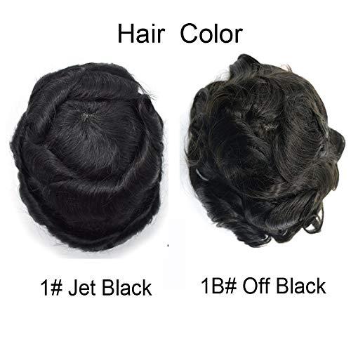 LHC HAIR LHC HAIR Fine Mono Mens Toupee 100% Black Indian Remy Human Hair Wigs Welded Mono Systems Lace Poly PU Hairpieces Custom Hand-Tie Units (10"*8", 1B# Off/Natural Black - 130% Medium Density)