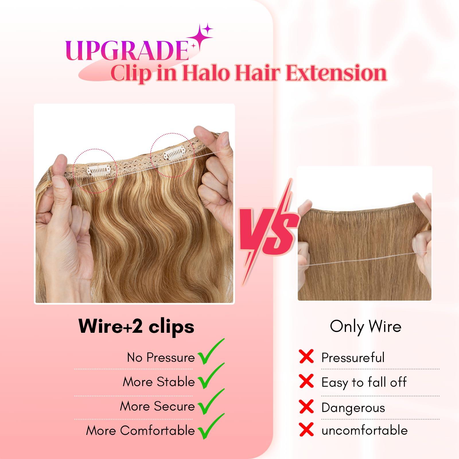 Rich Choices Rich Choices Halo Hair Extensions Real Human Hair Wave Wire In Hair Extensions Human Hair Clip in Human Remy Hair Halo Hair Extension Hair Piece 18 Inch #12P613 Golden Brown Mixed Bleach Blonde