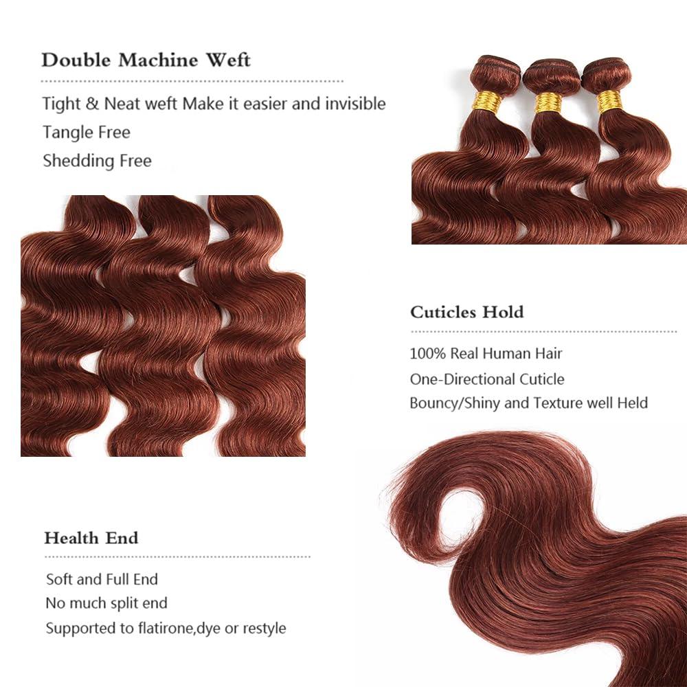 Fridnae Copper Brown Bundles Color 33 Body Wave Human Hair Bundles 24 26 28 Inch Color 33 Bundles Human Hair Reddish Brown Body Wave Bundles Hair Weave Auburn Brown Body Wave Bundles