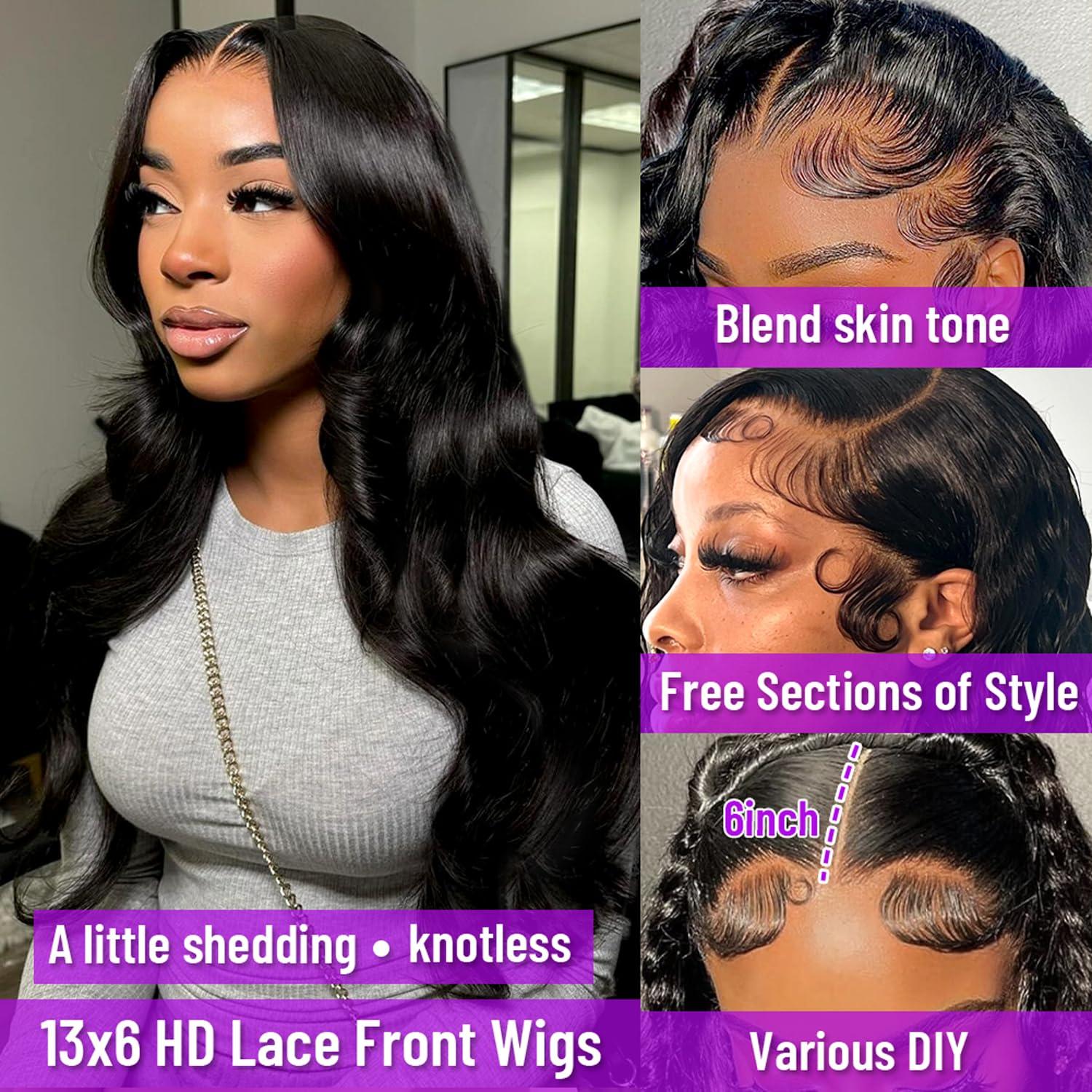 ozkan 13x6 HD Lace Front Wigs Human Hair Pre Plucked 13x6 Body Wave Lace Front Wigs Human Hair with Baby Hair Brazilian Full Lace Frontal Wig 13x6 Body Wave Wig for Women 180% Density Natural Black 24 Inch
