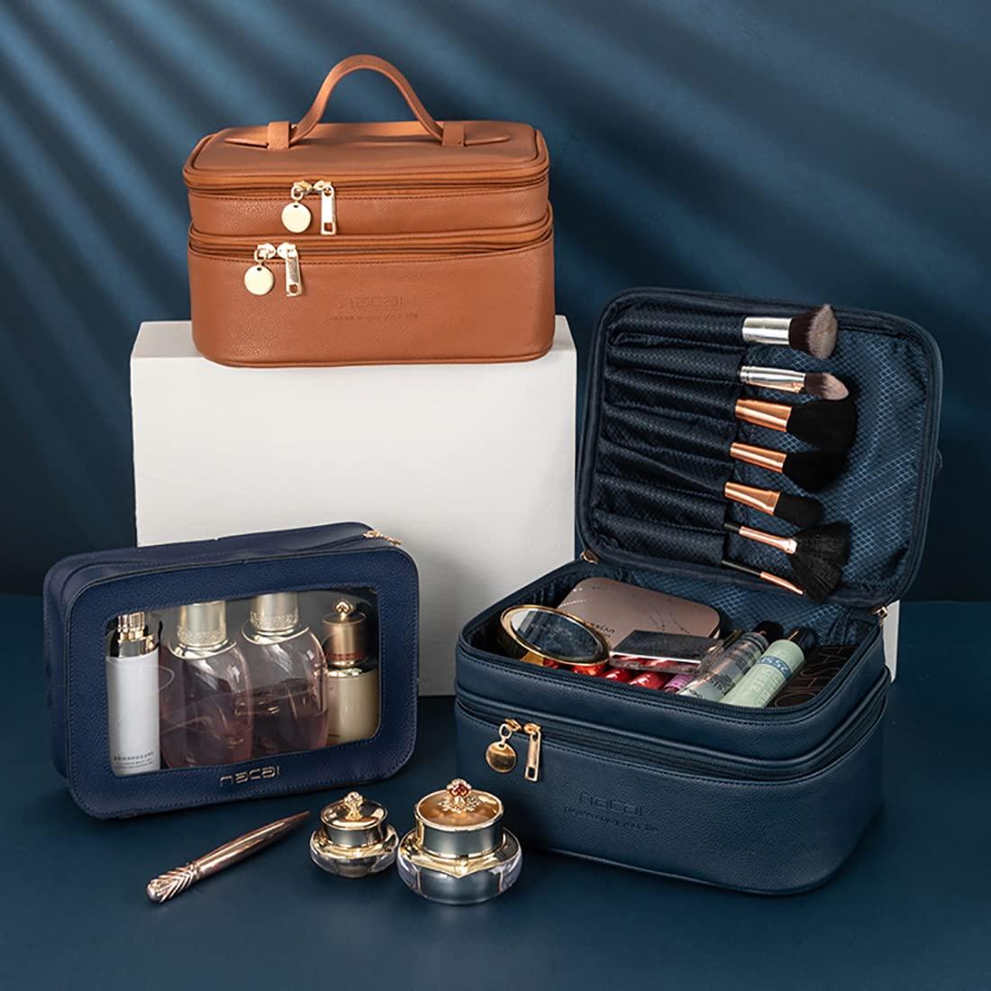 Fupeiwens Double Zip Cosmetic Train Case in Waterproof Design with Separate Brush Compartment,Travelling Double Layer Make Up Bag Organizer,Reusable Toiletry Bags,Brown