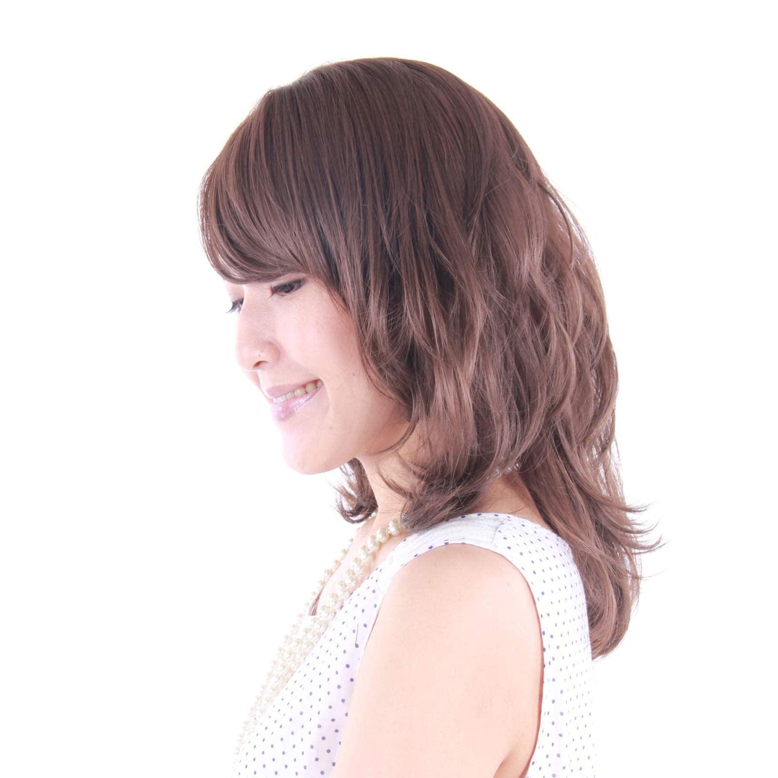 igennki igennki Full Wig Human Hair Blend Wigs Medium Sweet Curly Human Hair Wigs for Asian Women with Hair Loss IUM3C7H (Human Hair BlendMedical Base) (C9 Brown)