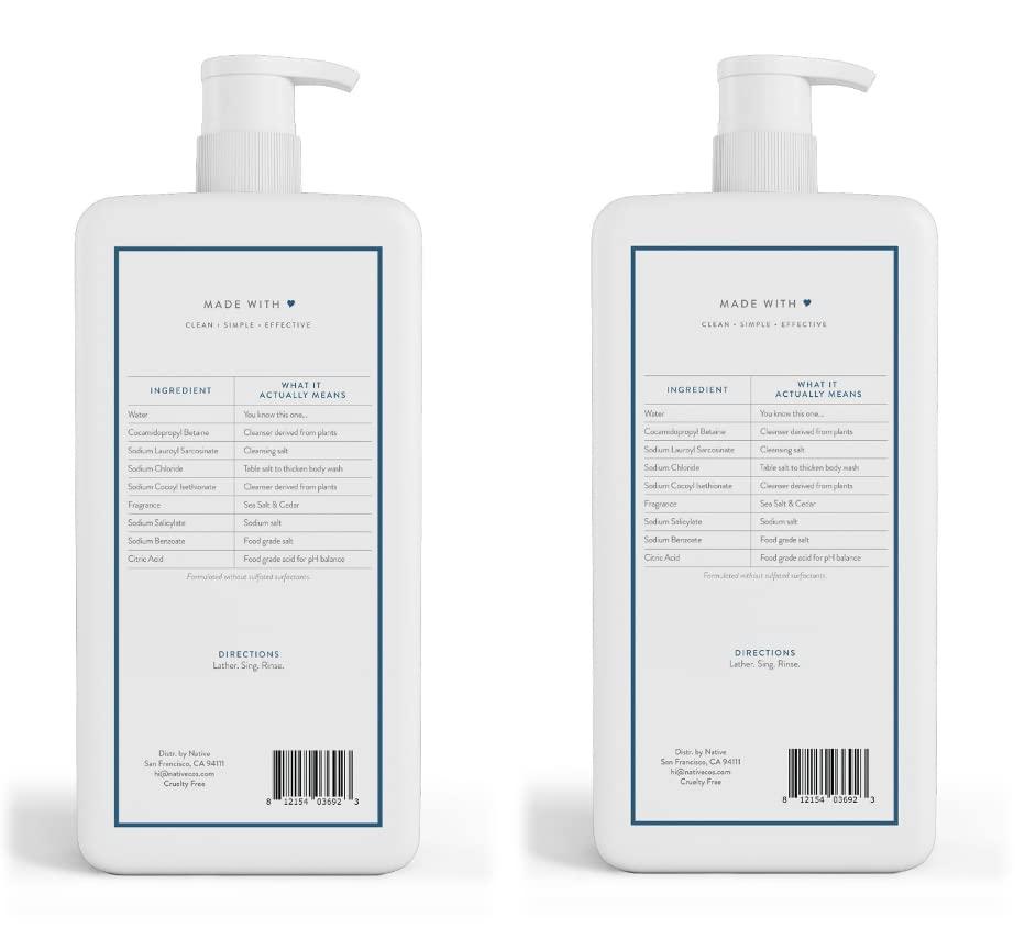 Native Native Body Wash for Women, Men | Sulfate Free, Paraben Dye with Naturally Derived Clean Ingredients, 36 oz bottle pump- 2 Pack (Sea Salt & Cedar) 72 Fl Oz