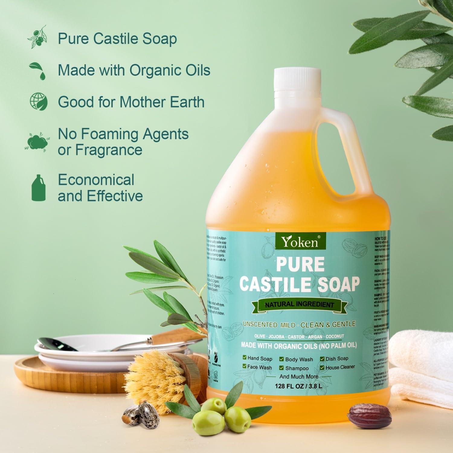 Yoken Yoken Castile Soap Liquid EWG Verified(1 Gallon, Unscented) Pure-Castile Liquid Soap for Body, Face, Hand, Pets, Laundry, Dish Soap and More - Made With Organic Oil, Vegan, Clean & Gentle, Versatile