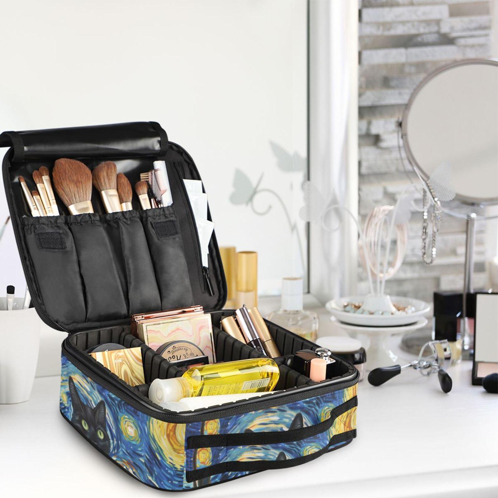 qenuh qenuh Black Cat Travel Makeup Bag Cosmetic Bags for Women Toiletry Bag Make Up Bag with Adjustable Dividers for Cosmetics Makeup Brushes Jewelry