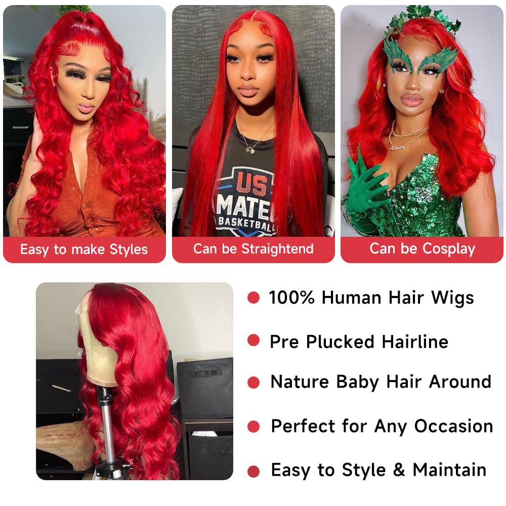 Avolo Red Lace Front Wigs Human Hair 13x4 Red Wig Human Hair Body Wave Lace Front Wigs Human Hair HD Red Colored Wigs Human Hair 180% Density Red Frontal Wig Glueless Wigs Human Hair Pre Plucked 26 Inch