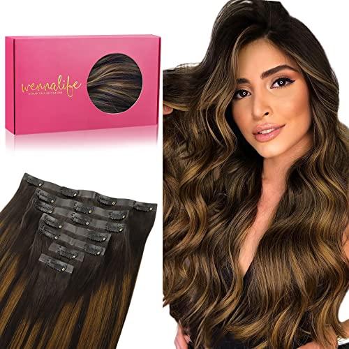 Wennalife WENNALIFE Seamless Clip In Hair Extensions, 18 Inch 130g 7pcs Balayage Dark Brown to Chestnut Brown Hair Extensions Clip in Human Hair Invisible PU Skin Weft Natural Remy Human Hair Extensions