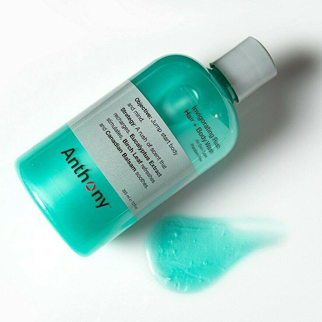 Anthony Anthony Mens Body Wash and Shampoo: Invigorating Rush 2-In-1 Liquid Gel Soap & Hair Shampoo, Pine Wood Scent, Hydrating with Eucalyptus, Canadian Balsam, Birch Leaf, Charcoal, Sea Kelp, 12 Fl. Oz