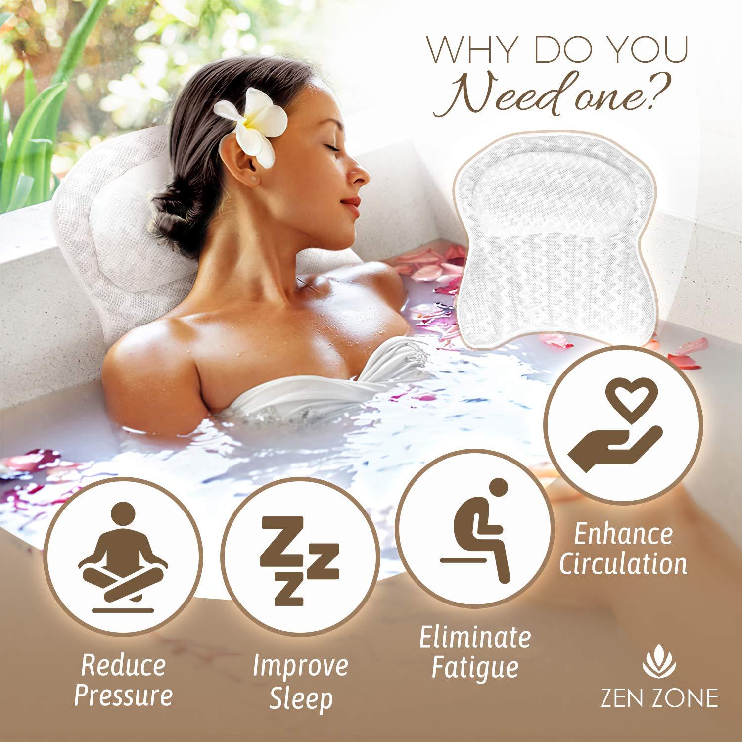 Zen Zone Luxurious Bath Pillow for Tub – Ergonomic Bath Pillow for Neck and Back Support – Bathtub Cushion for a Clean - Breathable Comfort 3D Quilted Mesh – Air Mesh Technology Supports Joints (White)