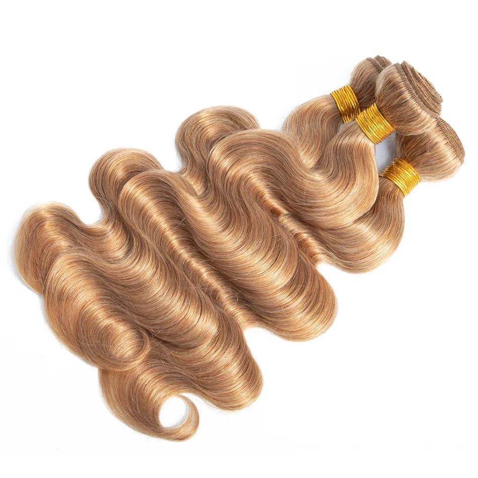 YOUNGHANN #27 Human Hair Bundles Honey Blonde Body Wave Bundles 8A Grade Brazilian Unprocessed Virgin Hair 3 Bundles 10 12 14 Inch Color 27 Body Wave Bundles Human Hair