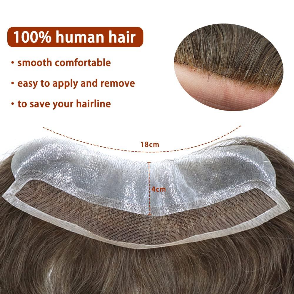 Generic Mens Frontal Hairpiece Hairline Replacement System Real Human Hair Forehead Hairline Men Hair System V-Shape Hair Topper (FS-V Poly with Lace, 17 DARK ASH BLONDE)
