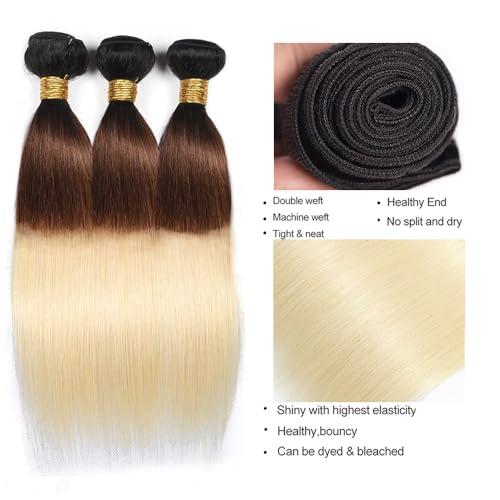 CnumGunm T1B/4/613 Bundles 613 Straight Human Hair Bundles Natural Black Straight Bundles 30 30 30 Inch 3 Bundles 3 Tone Color #4 Brown and 613 Blonde Bundles Human Hair Weave