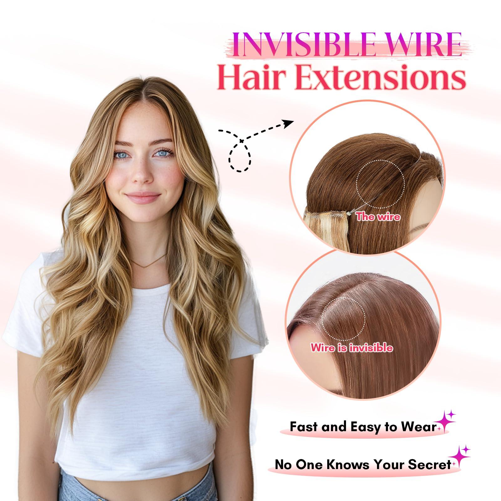 Rich Choices Rich Choices Halo Hair Extensions Real Human Hair Wave Wire In Hair Extensions Human Hair Clip in Human Remy Hair Halo Hair Extension Hair Piece 18 Inch #12P613 Golden Brown Mixed Bleach Blonde