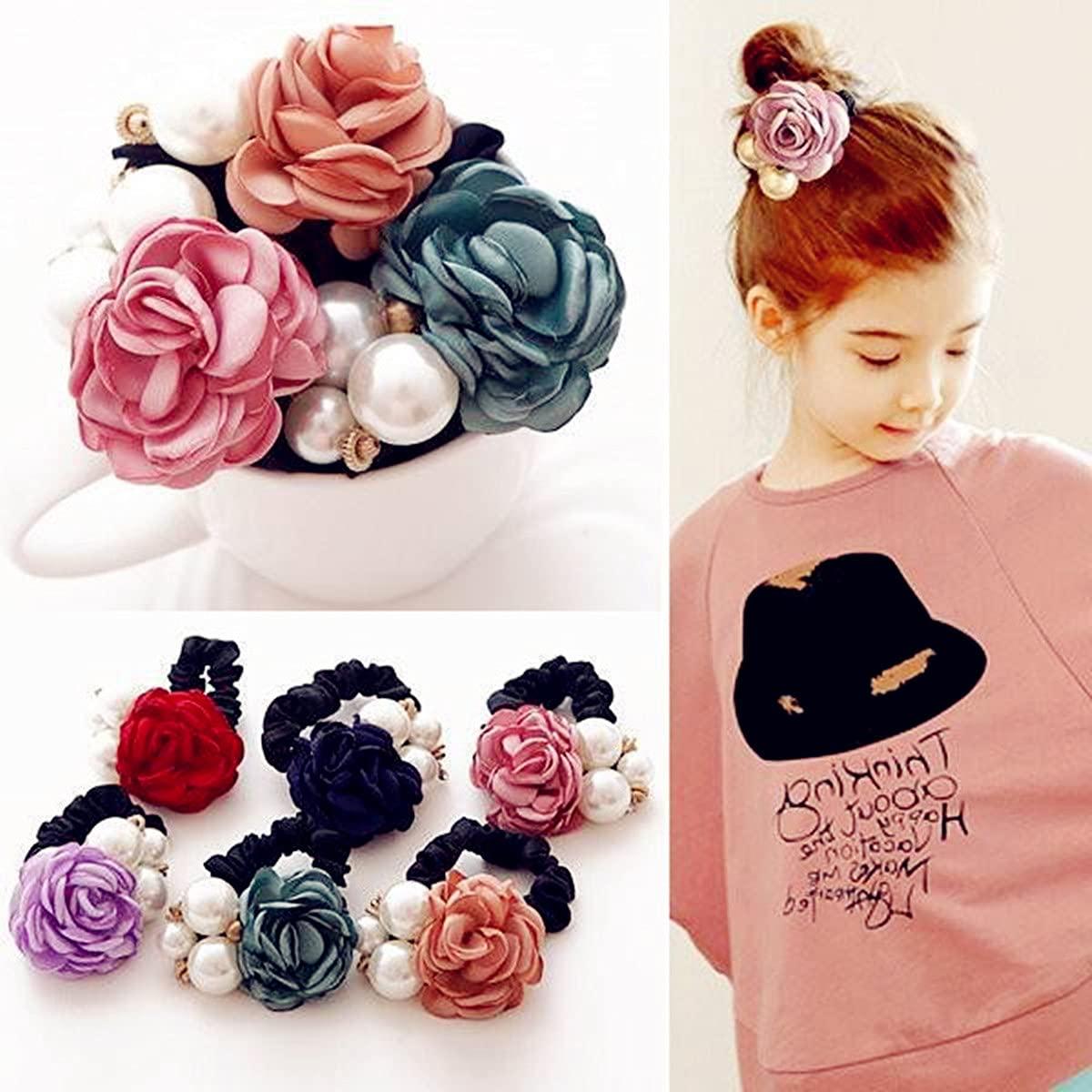 FXBLING FXBLING Fashion Flower Hair Ties Hair Rope Rhinestone Pearl Hair Tie Accessories for Women and Girls, Fashion Ponytail Holders Hair Scrunchies for Thick and Thin Hair, Pack of 4