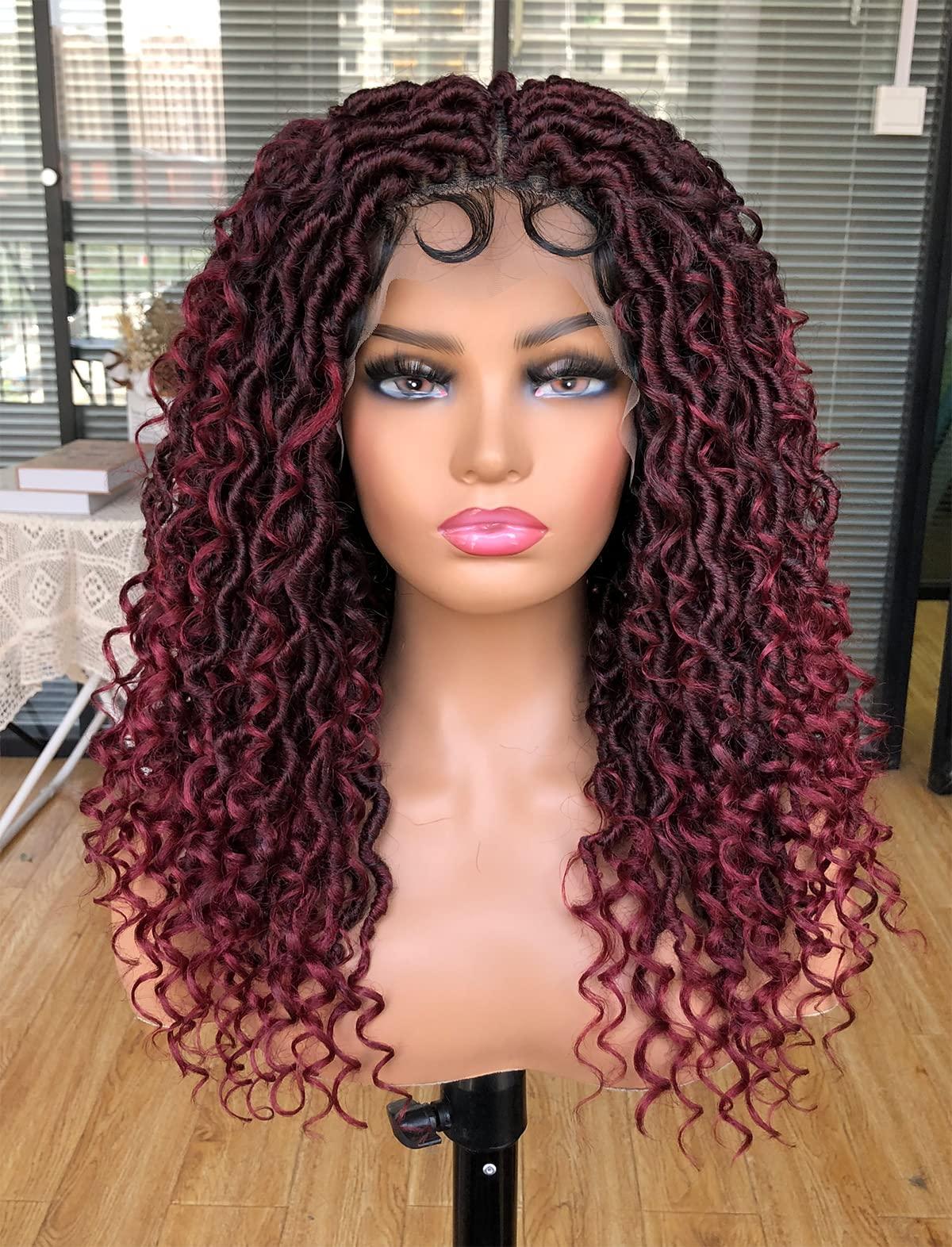 MURAMURA HAIR MURAMURA HAIR Goddess Faux Locs Wigs for Black Women 18Inch Full Lace Curly Synthetic Wigs with Baby Hair Bohemia Locs Twist Crochet Curls Braid Braided Wig(Ombre Red