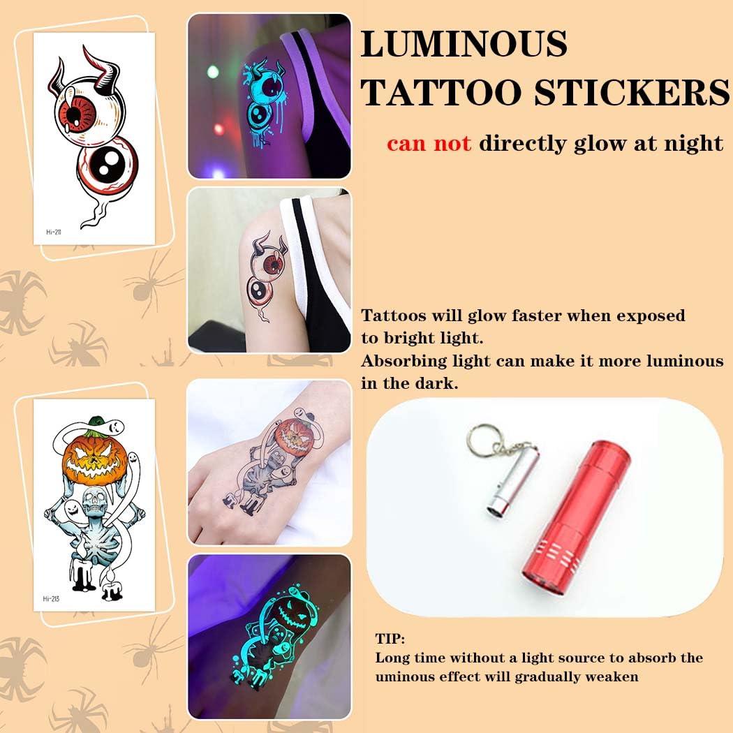 Uranian Uranian Luminous Halloween Temporary Tattoos Glow in the Dark Halloween Tattoo Stickers Body Face Tattoos Halloween Party Makeup Supplies for Women (Halloween A)