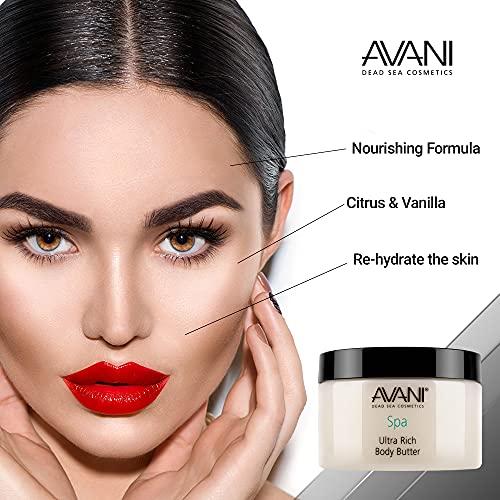 AVANI Dead Sea Cosmetics Avani Ultra Rich Body Butter - Dead Sea Salt, Aloe Vera, Vitamin E, Shea, Jojoba, Sunflower, Olive Essential Oil - Natural Exfoliating & Moisturizing Butter for All Skin Types - Citrus/Vanilla