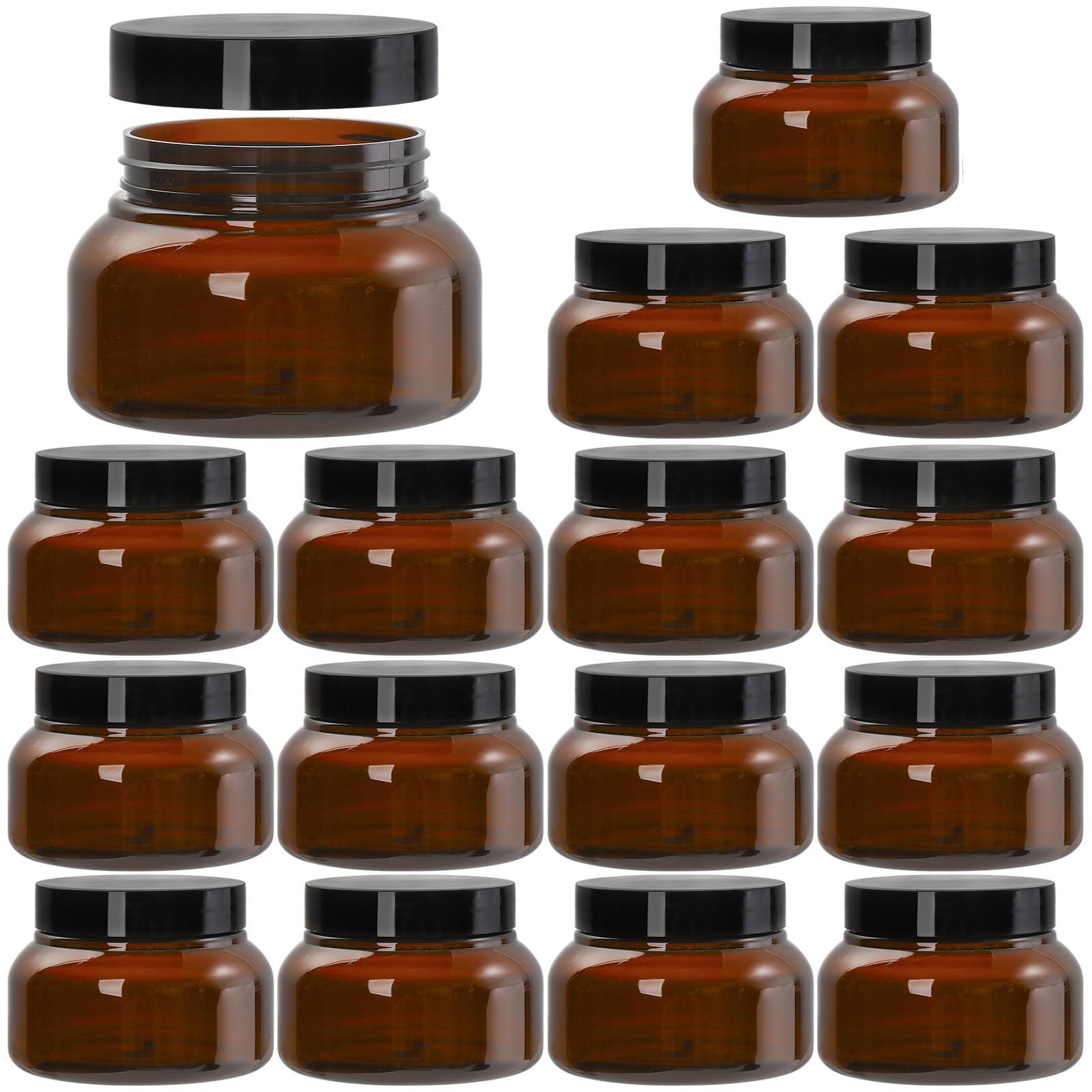 yarlung Yarlung 16 Pack 8 Oz Amber Plastic Jars with Lids, Brown Body Scrub Jars Empty Refillable Containers Round Low Profile Samples Jars for Lotion, Body Butter, Sugar Scrub, Cream