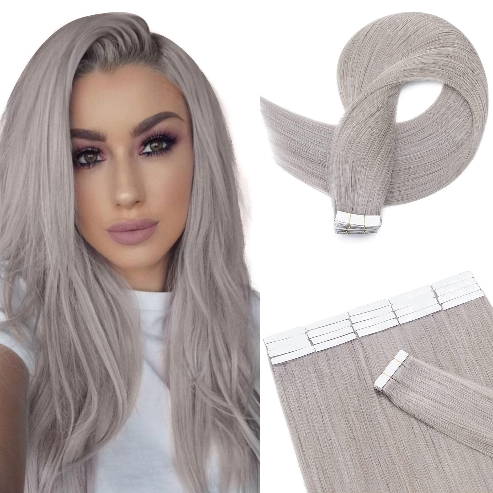 Hairro Hairro Tape In Hair Extensions Human Hair Tape Ins Glue In Skin Weft Rooted Tape On Hair Extensions Seamless Invisible Remy Hair Extensions For Women 14 inch 30g 20pcs #GREY