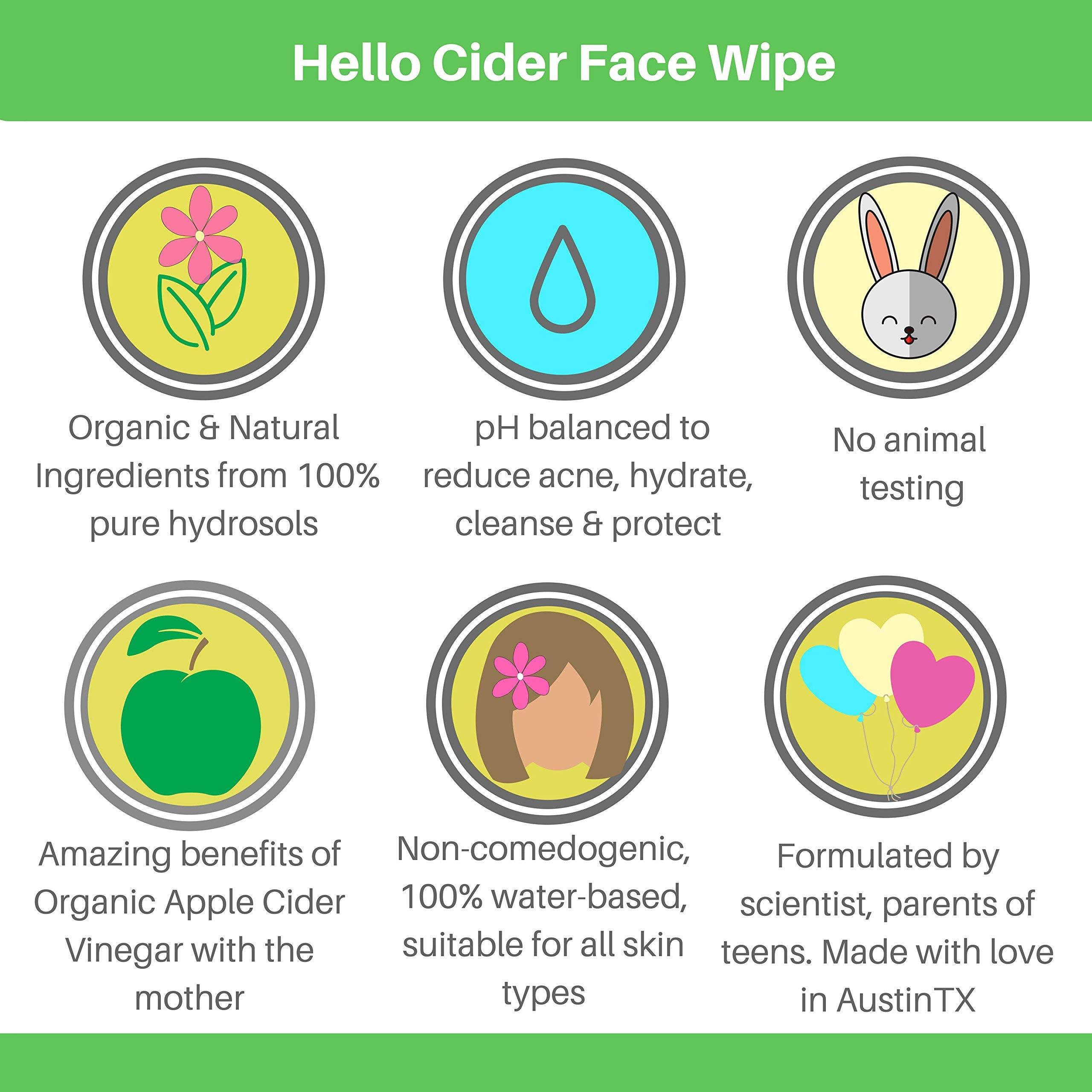 Hello Cider Apple Cider Vinegar Acne Face Wipes-Organic TeaTree, Rose, Chamomile, Witch Hazel.Oil free. Reduce Blemish & Acne. Tone,Restore, Sooth, Balance pH. Dry, Normal, Sensitive Skin. 25ct. USA Hello Cider