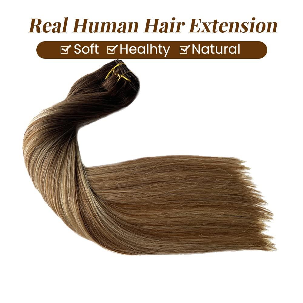 Valiilo Ombre Brown Hair Extensions 4Pcs 100g Clip in Hair Extensions Human Hair Ash Brown with 613 Blonde Highlights Seamless Lace Clip in Hair Extensions Remy Human Hair Extensions 22 Inch #3T8/613