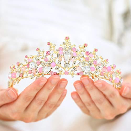 BAROGIRL Barogirl Gold Wedding Crown and Tiara Bridal Butterfly Queen Princess Crystal Headband for Women and Girls (Pink)