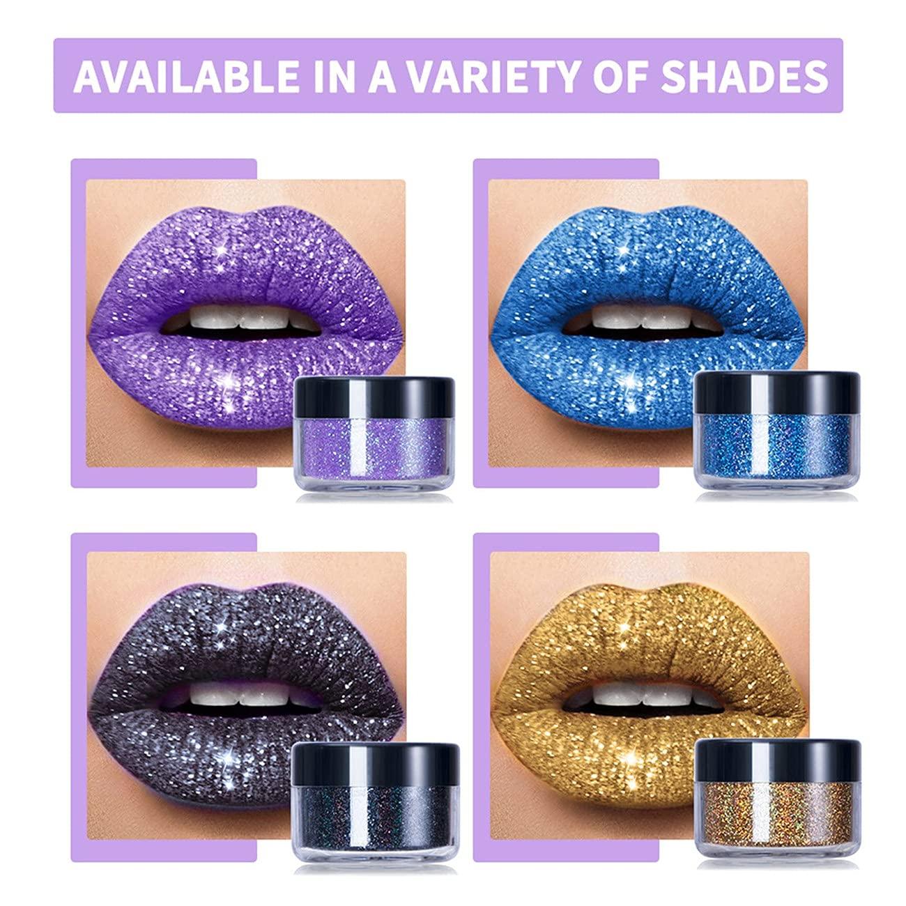 LELEBEAR LELEBEAR Glitter Lip Gloss Set, 4 Colors Diamond Glitter Metallic Lipstick Waterproof and Stain Resistant Lip Balm with Lip Gloss and Brush (Cool colors, Medium)