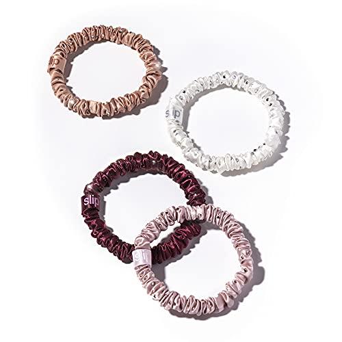 SLIP Slip Silk Crystal Skinnie Scrunchies in Manhattan Nights - 100% Pure 22 Momme Mulberry Silk Scrunchies for Women - Hair-Friendly Silk Scrunchies - Luxurious Elastic Hair Scrunchie Set (4 Scrunchies)