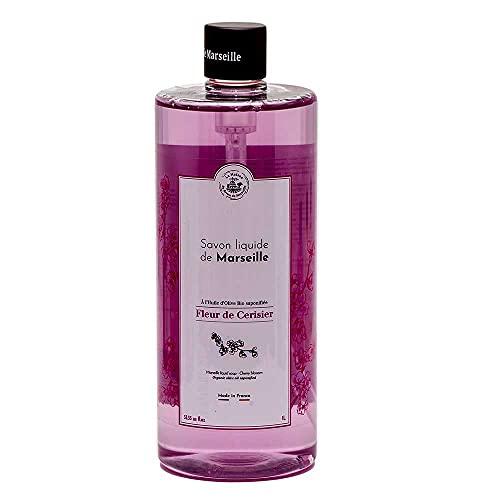 Maison du Savon Savon de Marseille - French Liquid Soap made with Organic Olive Oil - Cherry Blossom Hand Wash 33 Fl Oz and 11 Fl Oz Bottle Dispenser Pair