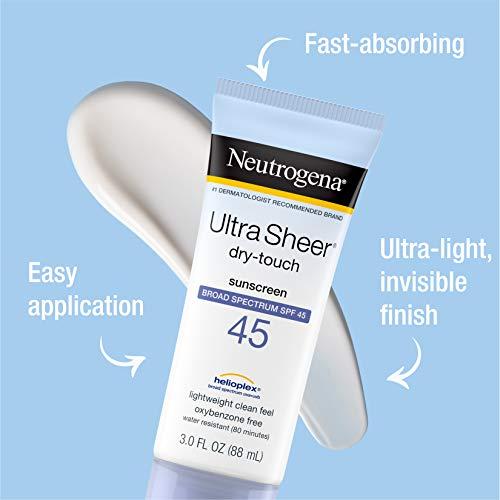 Neutrogena Neutrogena Ultra Sheer Dry-Touch Sunscreen Lotion, Broad Spectrum SPF 45 UVA/UVB Protection, Lightweight Water Resistant, Non-Comedogenic & Non-Greasy, Travel Size, 3 fl. oz (Pack of 3)