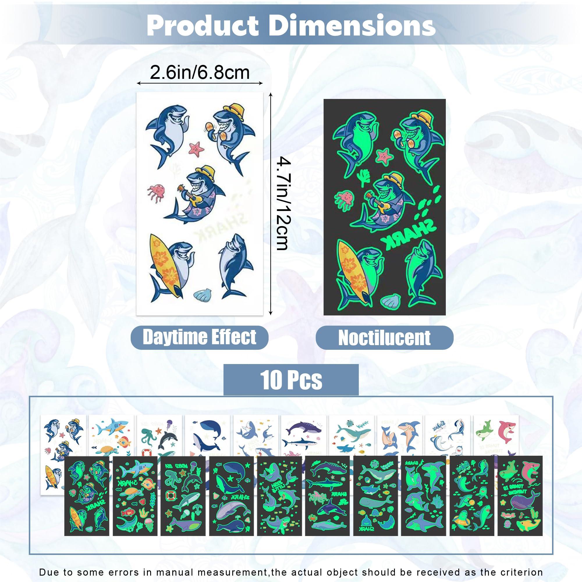 Ysqool 10 Sheets Luminous Shark Temporary Tattoos for Kids,Glow in the Dark Shark Fake Tattoos Stickers Ocean Animal Birthday Party Favors Supplies for Kids Boys Girls Birthday Gifts