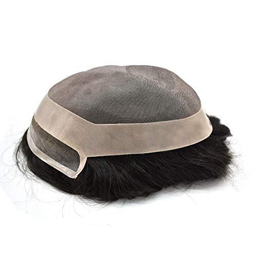 LHC HAIR LHC HAIR Fine Mono Mens Toupee 100% Black Indian Remy Human Hair Wigs Welded Mono Systems Lace Poly PU Hairpieces Custom Hand-Tie Units (10"*8", 1B# Off/Natural Black - 130% Medium Density)