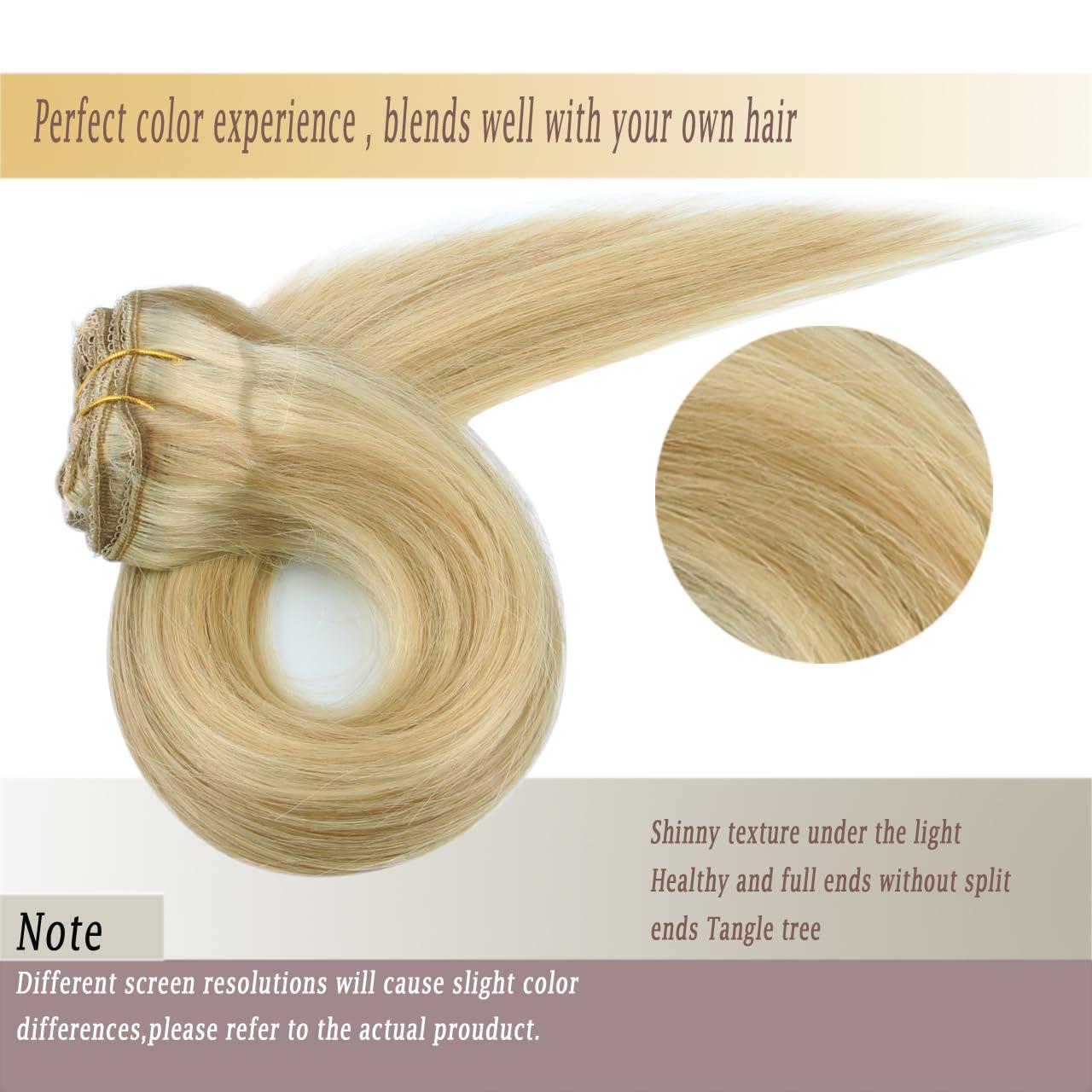 ZLCHE Clip in Hair Extensions Real Human Hair, 12\" 90g Straight Hair Extension Clip ins with Lace Weft, 8 Pcs Weft with 20 Pcs Clips (#18/613 Dark Blonde Highlighted Bleach Blonde, 12 Inch)