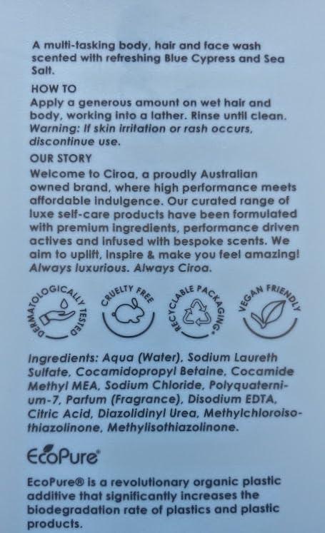 Ciroa Ciroa, 3 in 1 Wash, Blue Cypress & Sea Salt, Face-Body-Hair, 33.8 fl oz, 1,000ml Pack of One