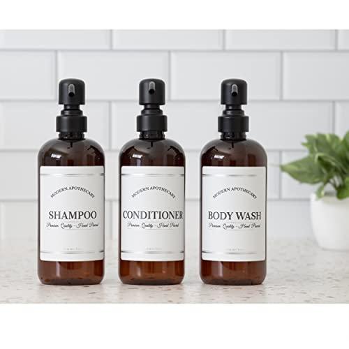 Artanis Home Amber Refillable Shampoo and Conditioner Bottles - Body Wash, Shampoo and Conditioner Dispenser - PET Plastic Shampoo Bottles Refillable with Pump - Waterproof Labels - 16 oz, 3 Pack (Black Satin)